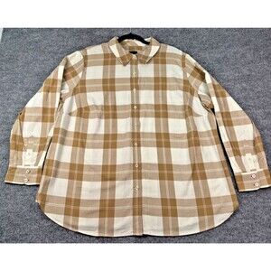 Talbots Plus Size 2X Tan White Shimmer Plaid Button Front Shirt Long Sleeve